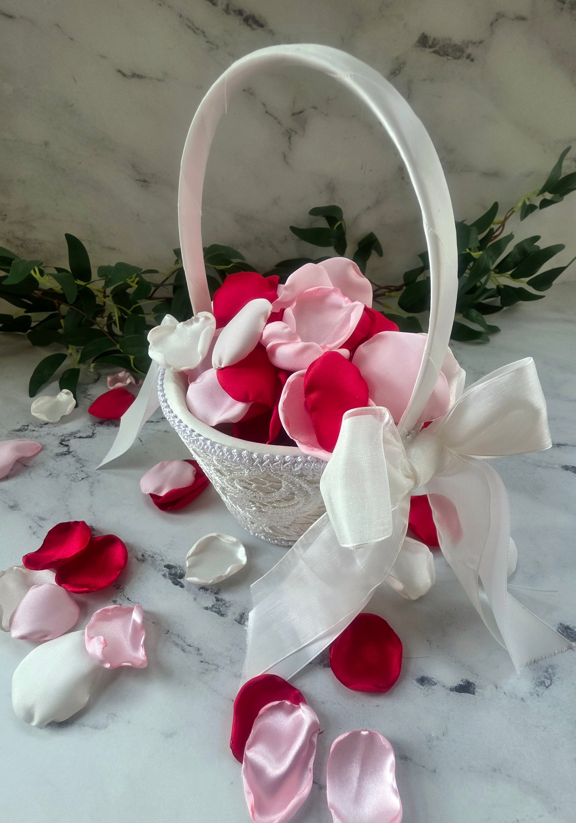 Red, ivory and Pink rose petals  in Ivory flower girl basket for flower girl tossing, confetti scatter, wedding aisle decor, memory table accents, reception tablescapes decoration ideas, backdrop photo props, proposal ideas, valentine date night, wedding decor inspo