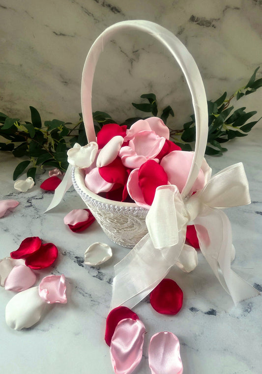 Red, ivory and Pink rose petals  in Ivory flower girl basket for flower girl tossing, confetti scatter, wedding aisle decor, memory table accents, reception tablescapes decoration ideas, backdrop photo props, proposal ideas, valentine date night, wedding decor inspo