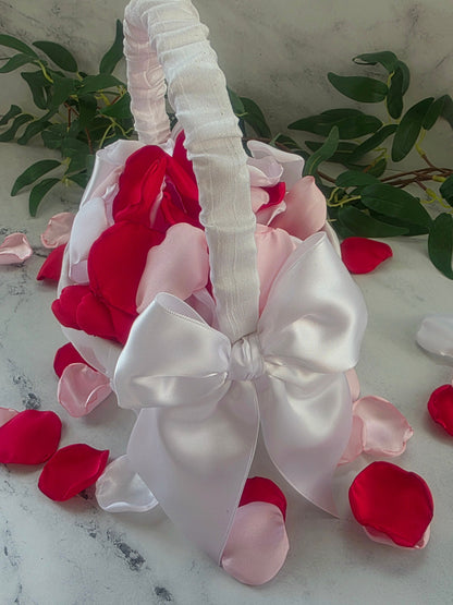 Red, Shades of Pink, White Rose Petals, Flower girl petals in white flower girl basket for tossing, wedding aisle decor, reception tablescapes ideas, confetti scatter, memory table accents