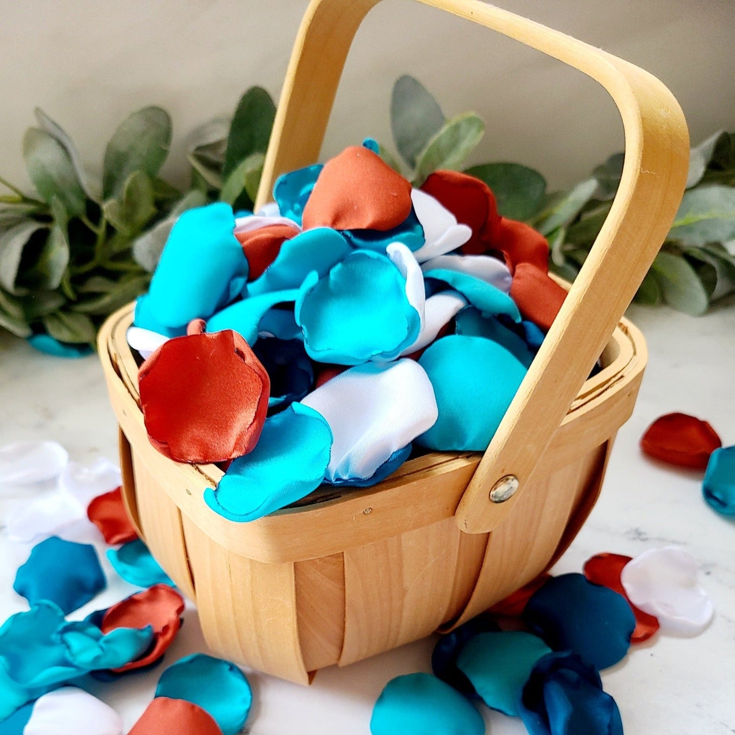 Dark Teal, Malibu & Burnt Orange rose petals for a Western Wedding Decor Theme, Rustic flower girl basket filled with petals for boho aisle decor. Table Confetti, bridesmaid box, proposal props, Dazed and engaged props