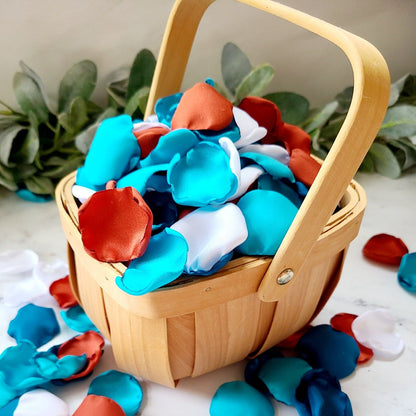Dark Teal, Malibu & Burnt Orange rose petals for a Western Wedding Decor Theme, Rustic flower girl basket filled with petals for boho aisle decor. Table Confetti, bridesmaid box, proposal props, Dazed and engaged props