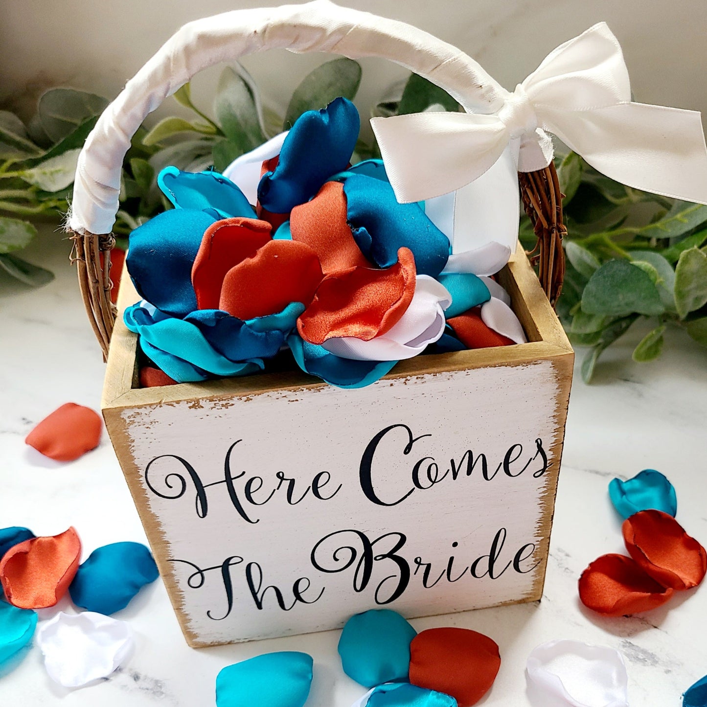 Dark Teal, Malibu & Burnt Orange rose petals for a Western Wedding Decor Theme, Here Comes the Bride Rustic flower girl basket filled with petals for boho aisle decor. Table Confetti, bridesmaid box, proposal props, Dazed and engaged props