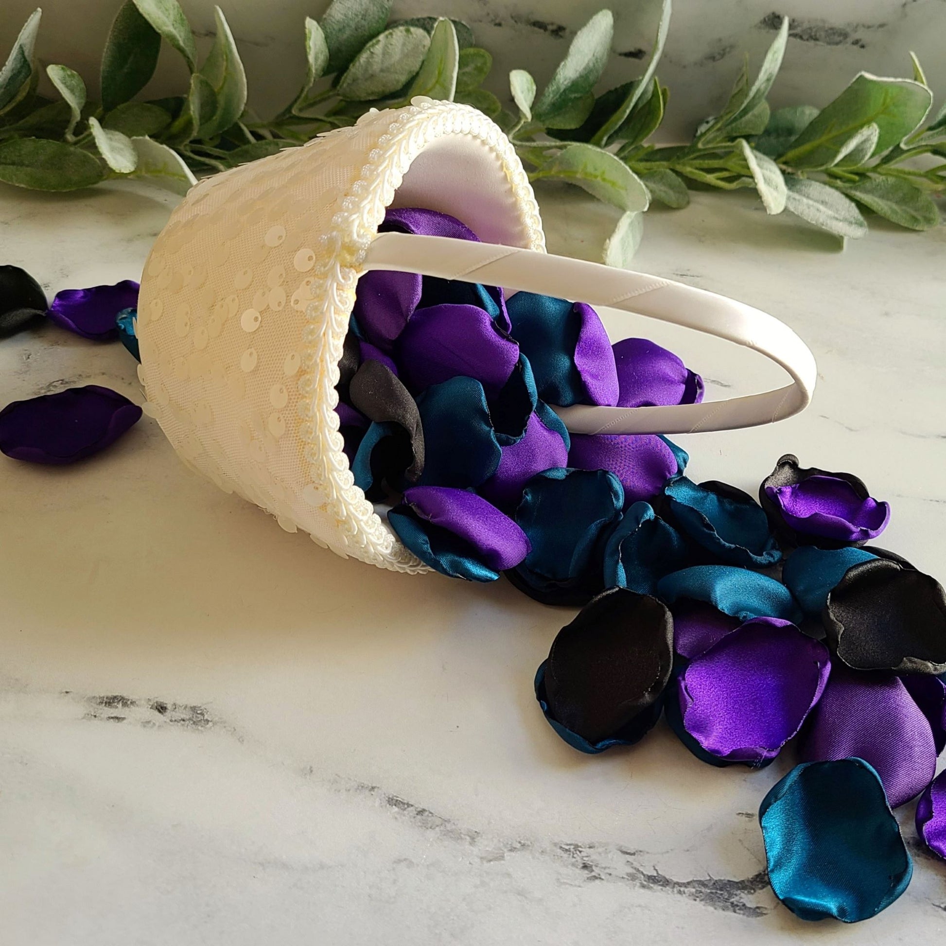 Teal Black Purple Rose Petals in Ivory flower girl basket, for fall wedding decor