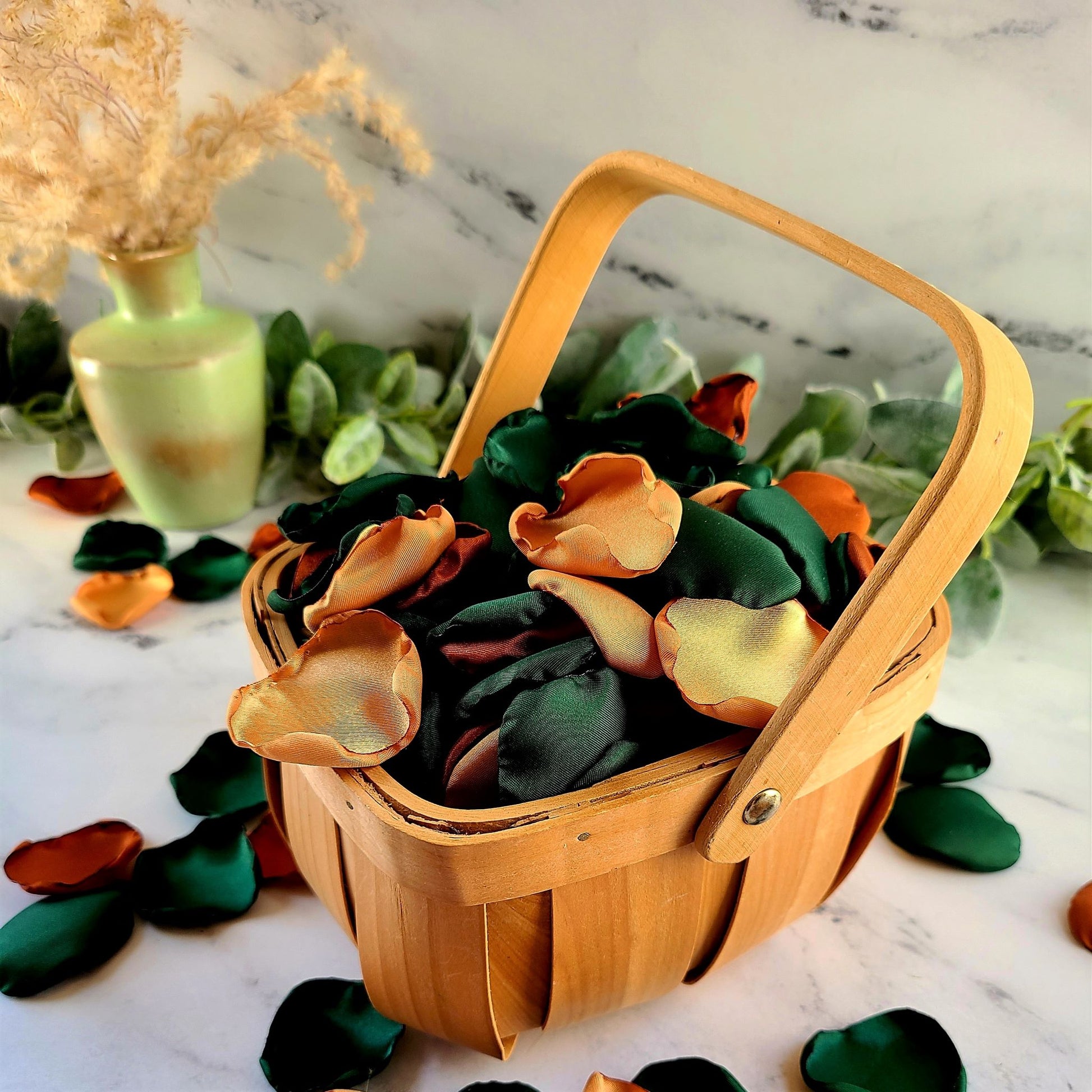 Terracotta, Emerald Green flower petals in Rustic Flower Girl Basket