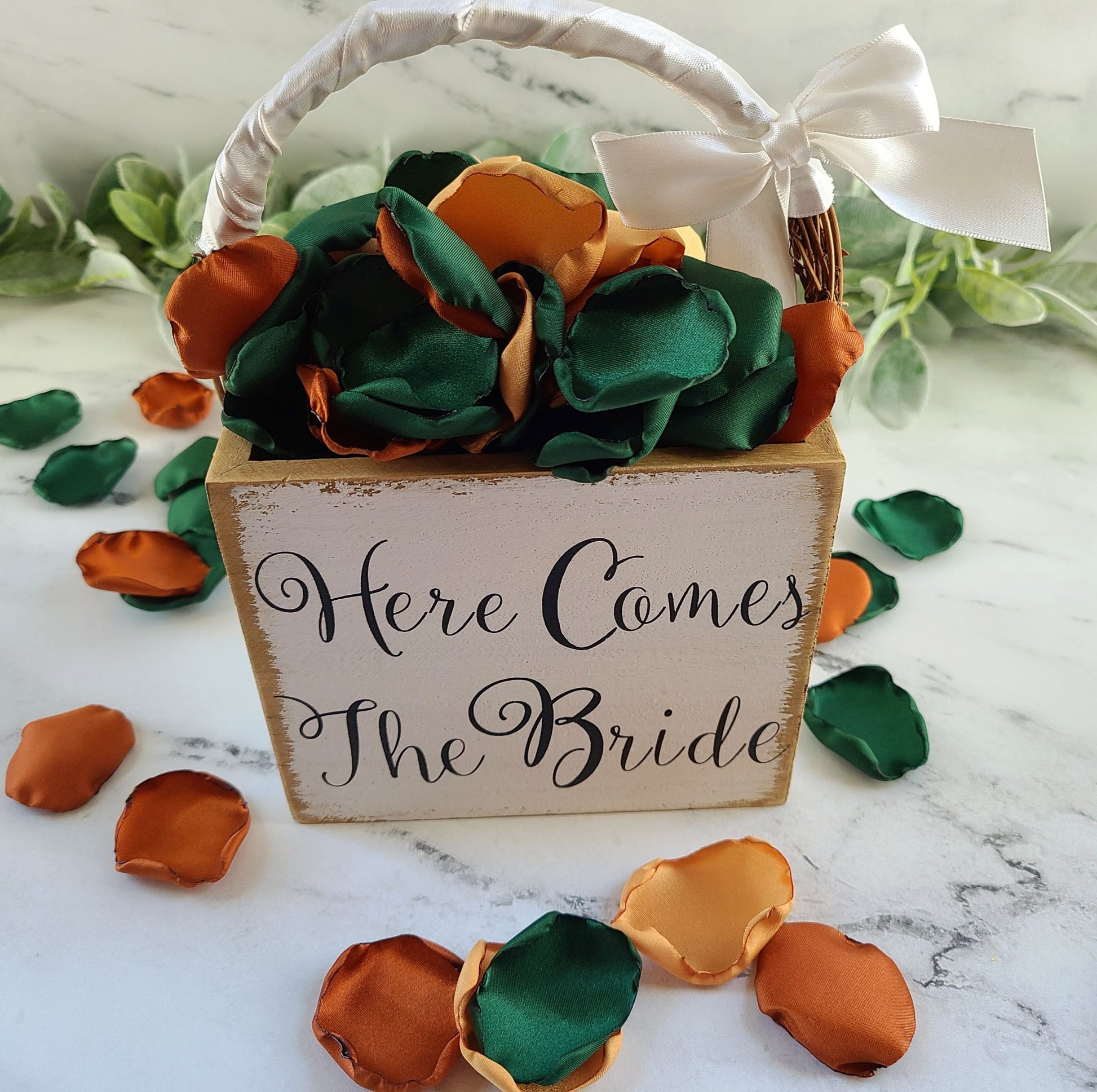 Here Comes the Bride flower girl basket with Emerald, terracotta, gold rose petals