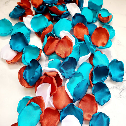 Dark Teal, Malibu & Burnt Orange rose petals for a Western Wedding Decor Theme, Rustic flower girl basket filled with petals for boho aisle decor. Table Confetti, bridesmaid box, proposal props, Dazed and engaged props