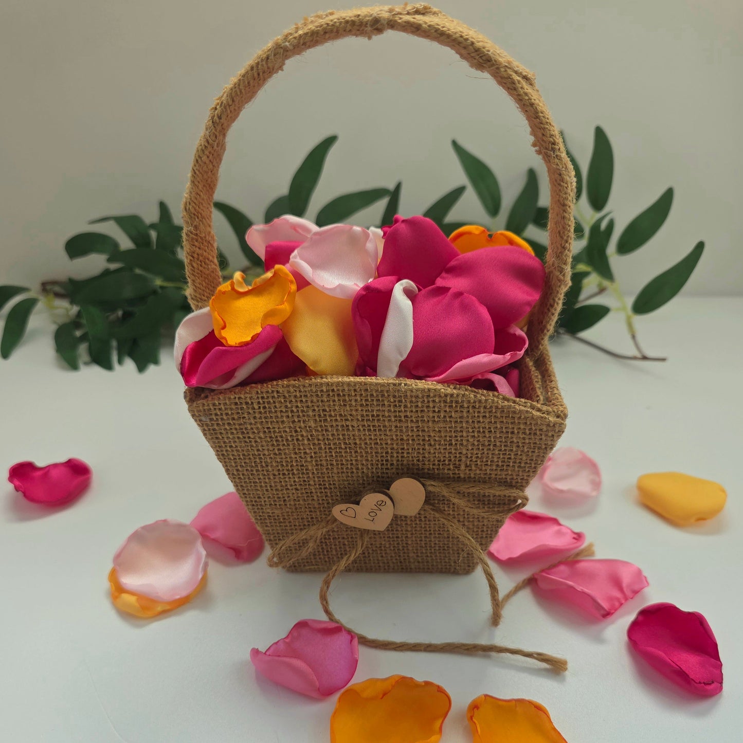 Orange, pink, yellow and Fuchsia rose petals Rustic Western flower girl Basket for Whimsical wedding decor ideas. Perfect for flower girl petals, Sunset wedding aisle decor, confetti scatter, tablescapes accents, ceremony backdrop props, future bride ideas