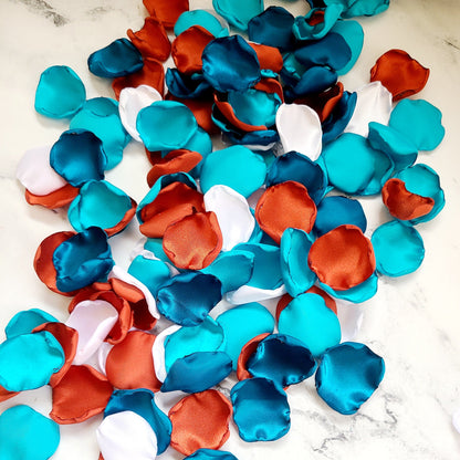 Dark Teal, Malibu & Burnt Orange rose petals for a Western Wedding Decor Theme, Rustic flower girl basket filled with petals for boho aisle decor. Table Confetti, bridesmaid box, proposal props, Dazed and engaged props