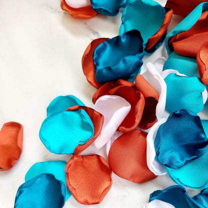 Dark Teal, Malibu & Burnt Orange rose petals for a Western Wedding Decor Theme, Rustic flower girl basket filled with petals for boho aisle decor. Table Confetti, bridesmaid box, proposal props, Dazed and engaged props