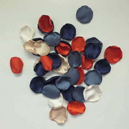 Burnt Orange and Navy blue rose petals for flower girl toss, western wedding aisle decor, fall wedding decorations, Perfect for confetti scatter, reception tablescapes, ceremony backdrop accents. Future bride color palette ideas.