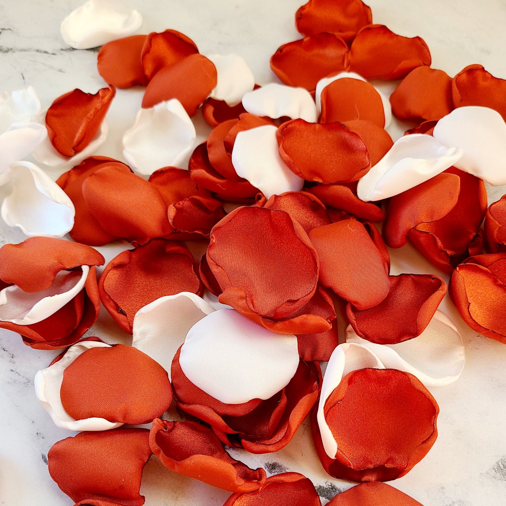 Rust and Ivory flower girl petals for baskets, fall wedding decor, wedding proposal props, Burnt Orange Rose Petals for flower girl baskets, fall wedding reception table decor, table confetti, aisle decorations, western, rustic wedding ideas, marriage backdrop props