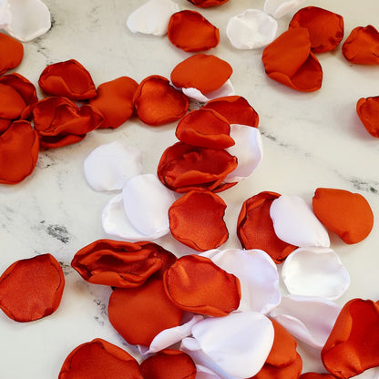 Rust, Burnt Orange and White Rose Petals for a Fall Wedding Theme,  Burnt Orange Rose Petals for flower girl baskets, fall wedding reception table decor, table confetti, aisle decorations, western, rustic wedding ideas, marriage backdrop props