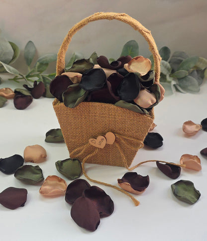 Olive, Tan, Brown and Black Rose petals in a burlap flower girl basket, for Western, County or Hunting Themed Wedding. Perfect for flower girl toss, wedding aisle decor, cake or reception table scatter, backdrop photo accents. For future brides planning a hunting themed wedding or camo inspired bridal shower event 