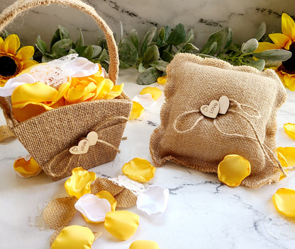 White, Lace, Burlap & Yellow rose petals for wedding decor. Flower Girl petals for boho baskets, engagement proposal prop ideas, bridesmaid box, Western, Rustic table confetti