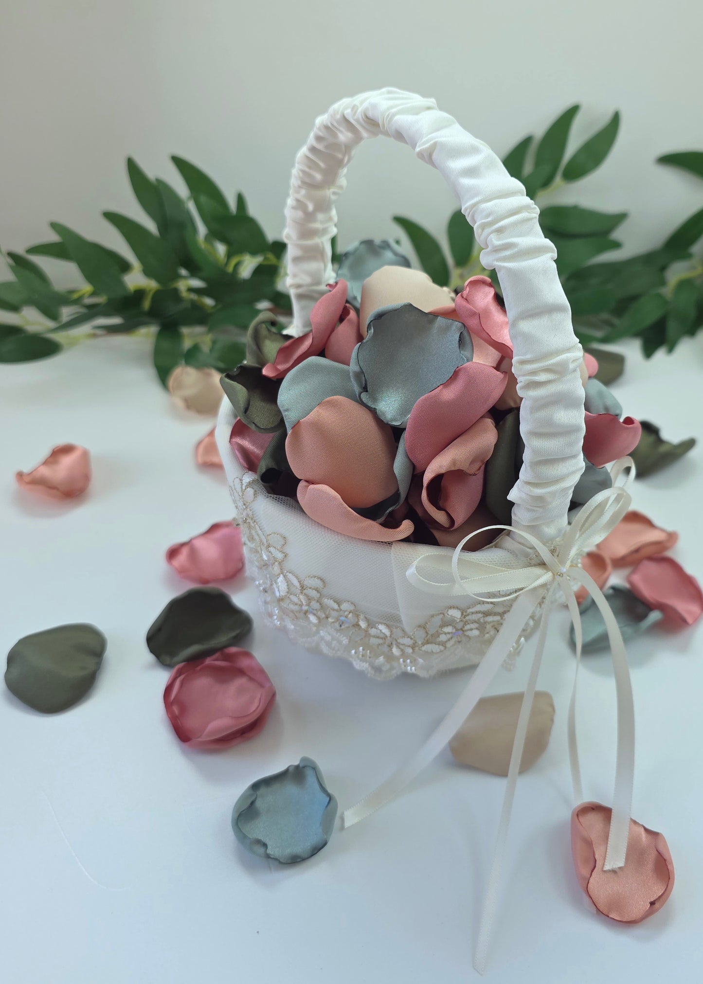 Dusty Rose Pink, Olive, beige Sage rose petals in ivory flower girl basket, for flower girl toss, aisle decor.  Future bride boho western color palette ideas. Use on reception tablescape, confetti scatter or fall wedding decor 