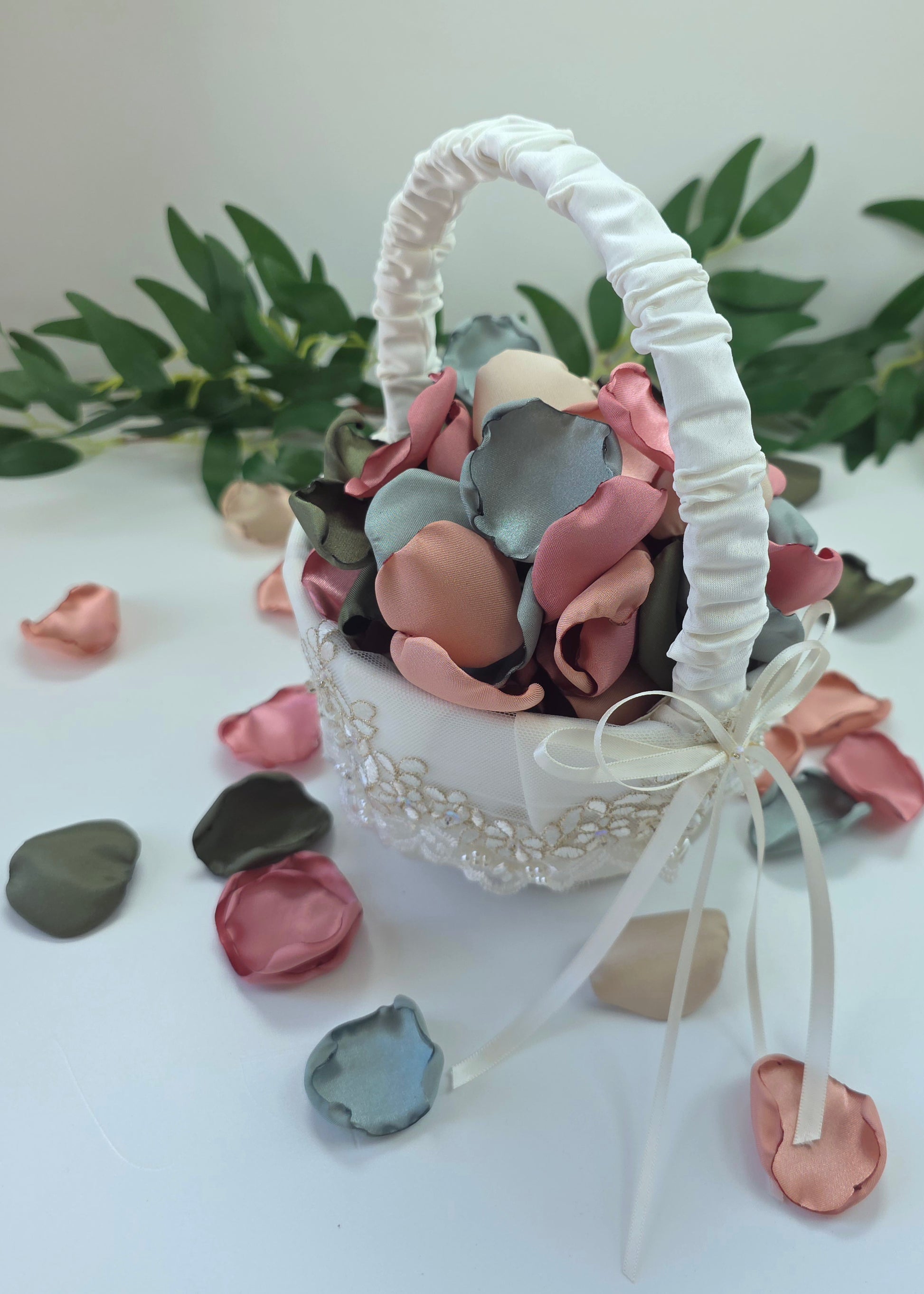 Dusty Rose Pink, Olive, beige Sage rose petals in ivory flower girl basket, for flower girl toss, aisle decor.  Future bride boho western color palette ideas. Use on reception tablescape, confetti scatter or fall wedding decor 