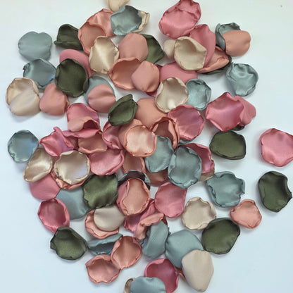 Dusty Rose Pink, Olive, beige Sage rose petals for flower girl toss, aisle decor.  Future bride boho western color palette ideas. Use on reception tablescape, confetti scatter or fall wedding decor 
