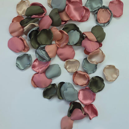 Dusty Rose Pink, Olive, beige Sage rose petals for flower girl toss, aisle decor.  Future bride boho western color palette ideas. Use on reception tablescape, confetti scatter or fall wedding decor 