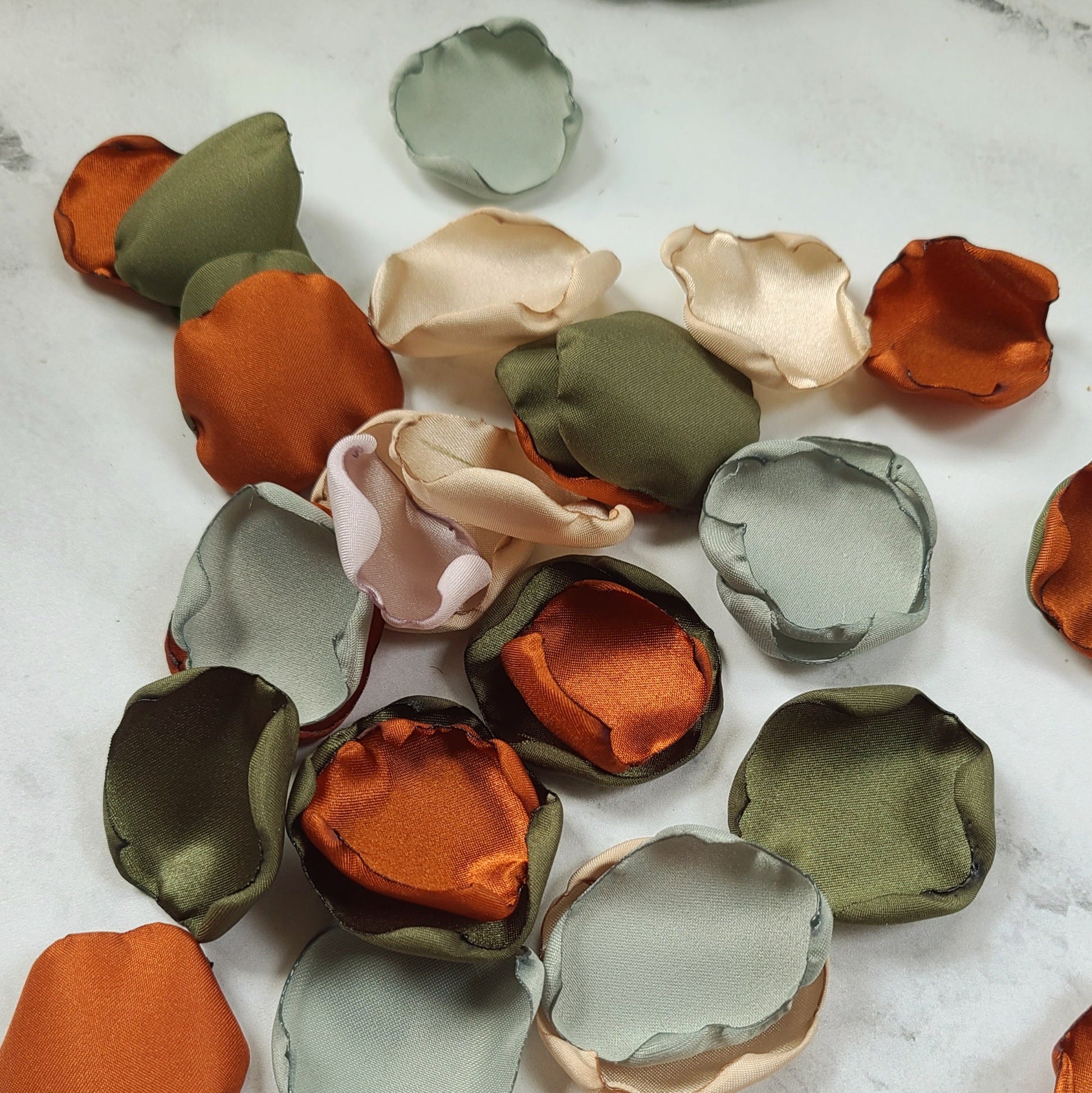 Sage. Olive, Beige, Burnt Orange Rose Petals for fall wedding decor, table confetti, flower girl petals for wedding aisle decor, western wedding table centerpiece ideas, engagement proposal props or filler for bridesmaid box