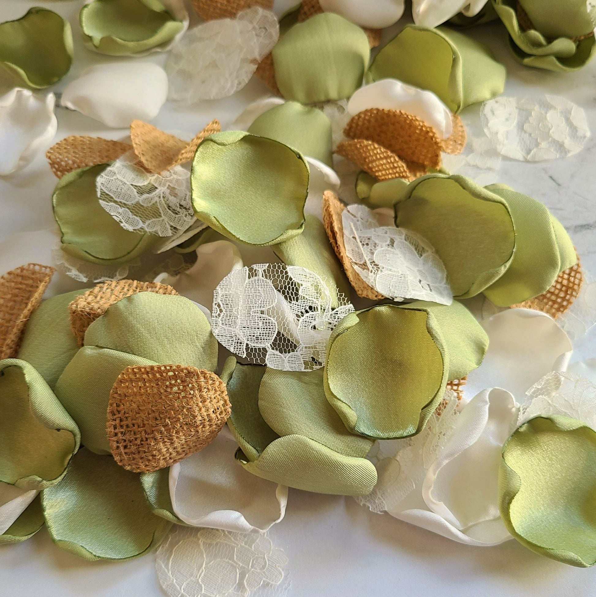 Sage green, ivory burlap and lace rose petals for a rustic wedding theme. Flower girl petals for tossing, confetti scatter, wedding aisle decor, sunflower wedding ideas