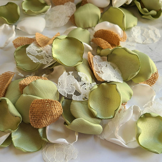 Sage green, ivory burlap and lace rose petals for a rustic wedding theme. Flower girl petals for tossing, confetti scatter, wedding aisle decor, sunflower wedding ideas