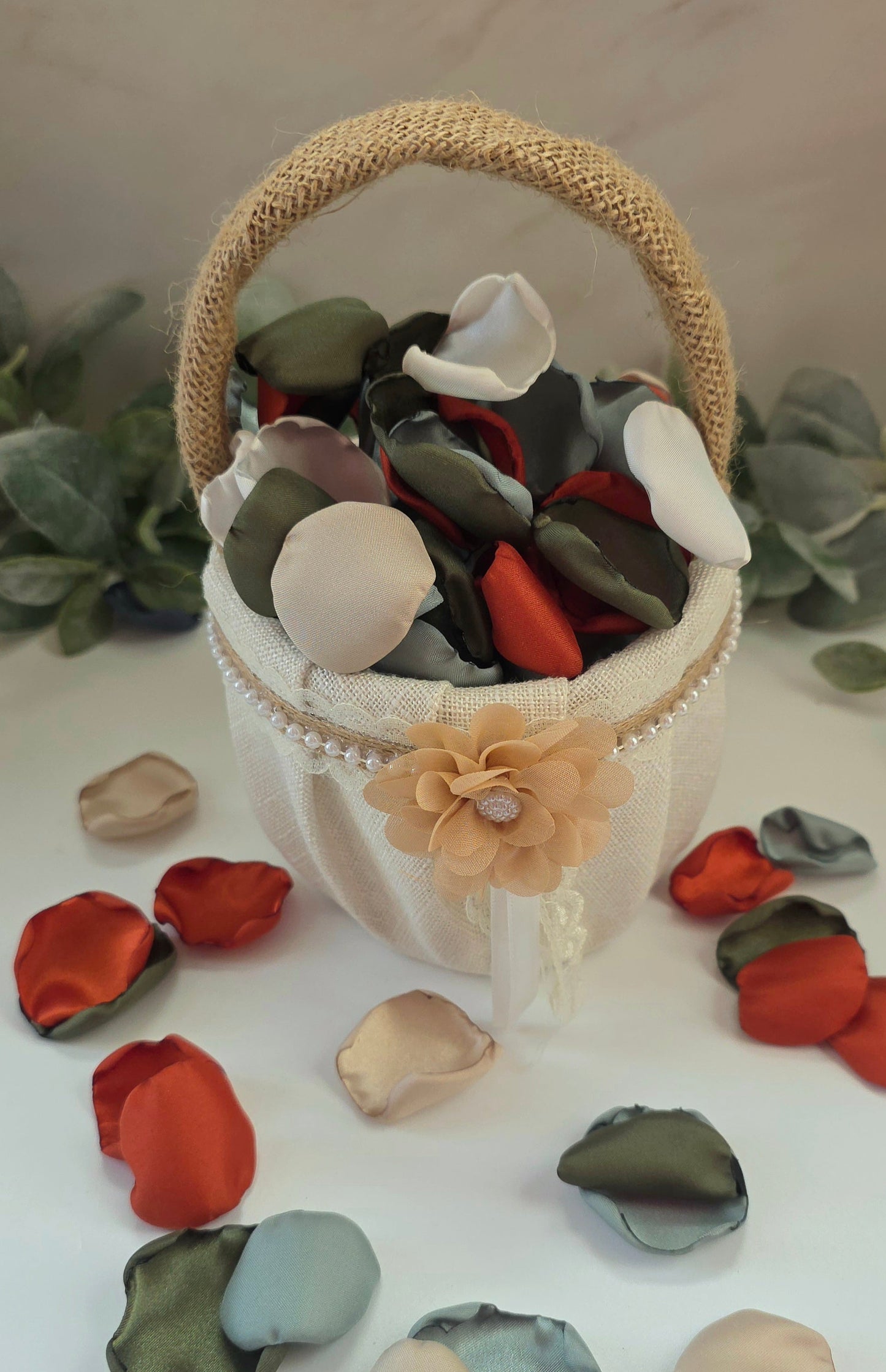 Burnt Orange, Sage, Olive Rose Petals in western flower girl baskets for a fall wedding color scheme. Perfect for flower girl toss, baskets, reception tablescape accents, confetti scatter, photo backdrop props, aisle decor. Future bride color decor ideas