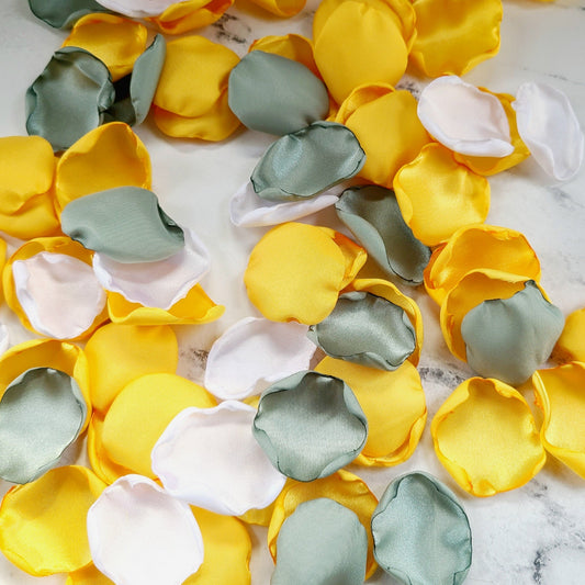 Sunflower Yellow & Sage Green Rose petals for flower girl baskets, wedding aisle decor, proposal box, engagement props