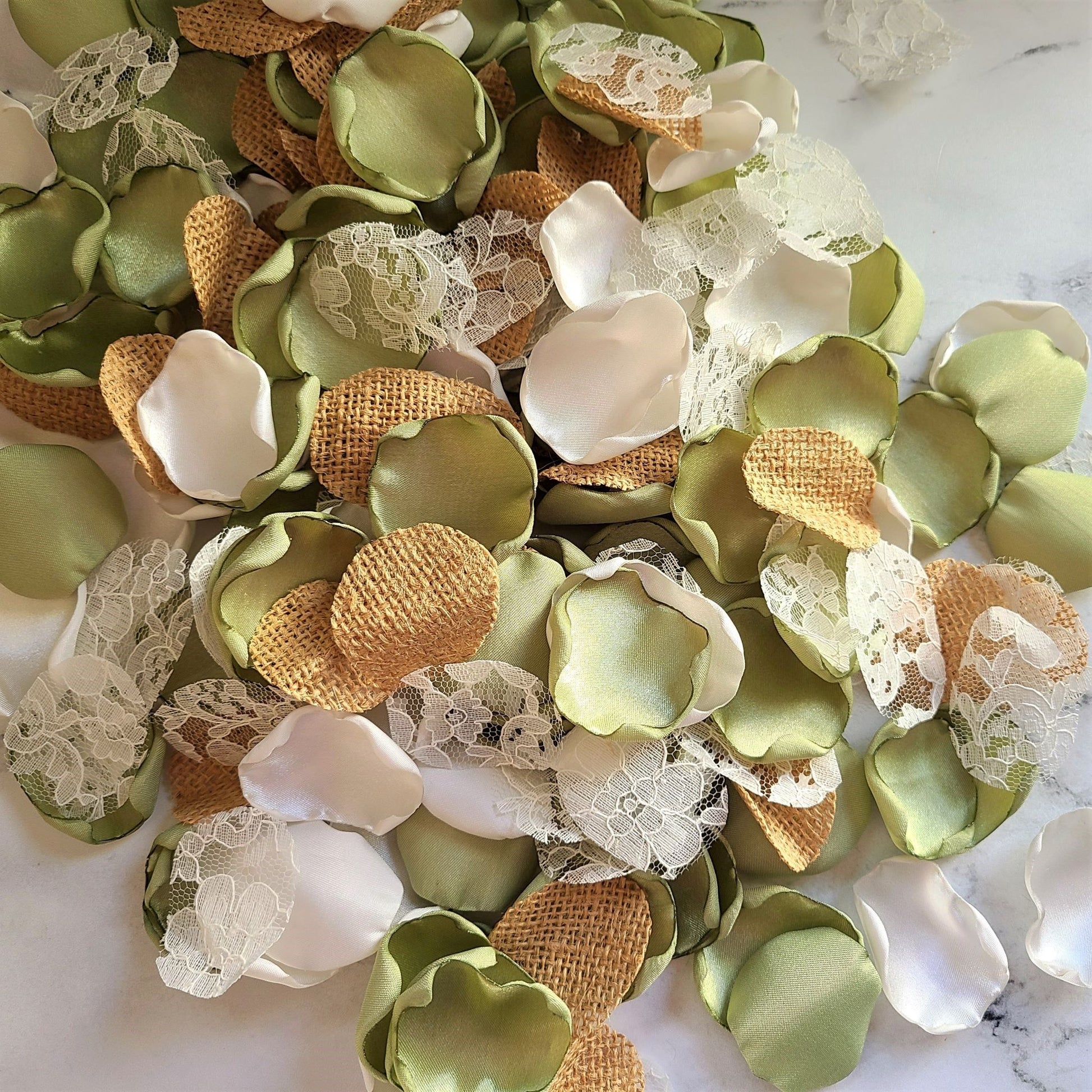 Sage green, ivory burlap and lace rose petals for a rustic wedding theme. Flower girl petals for tossing, confetti scatter, wedding aisle decor, sunflower wedding ideas