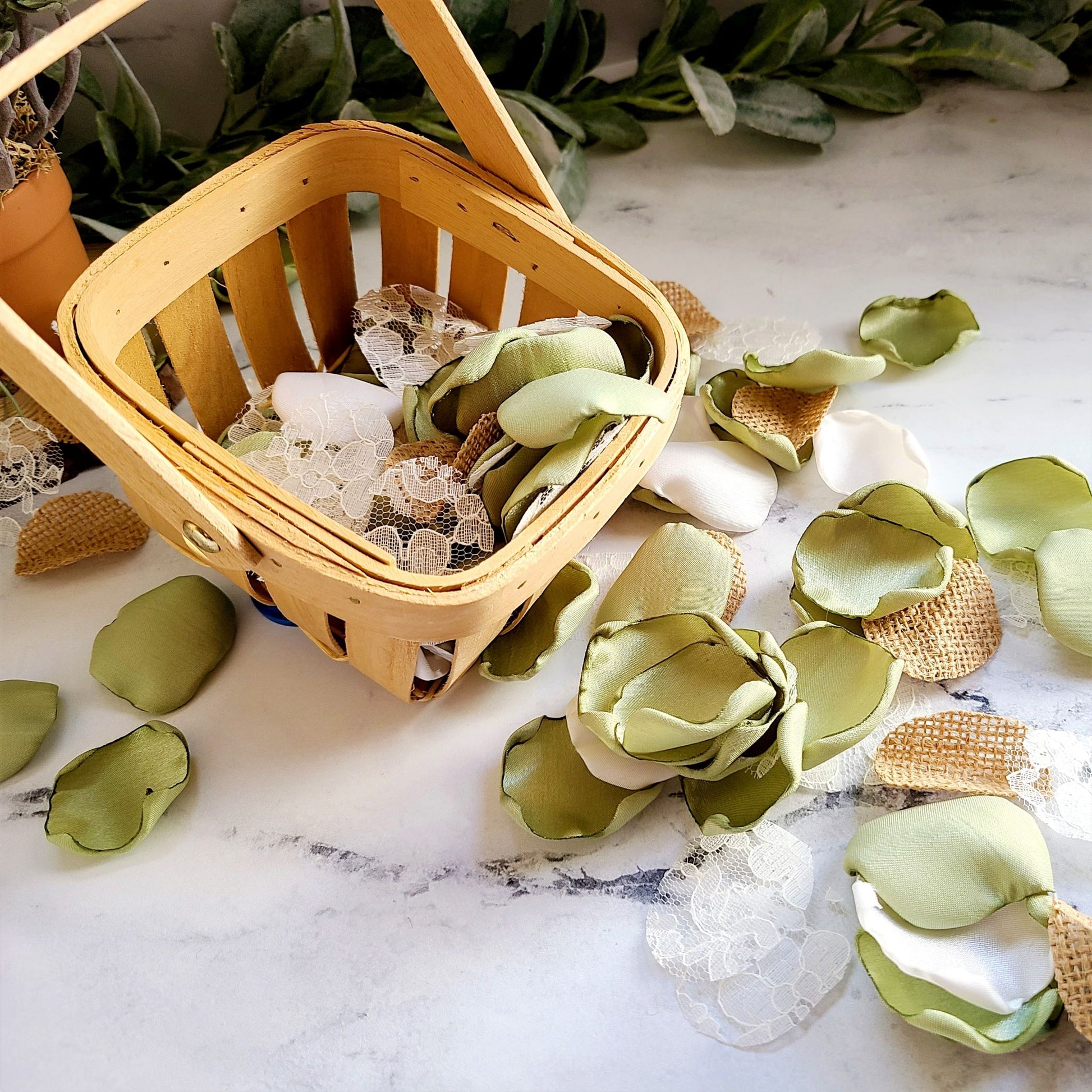 Sage green, ivory burlap and lace rose petals for a rustic wedding theme. Flower girl petals for tossing, confetti scatter, wedding aisle decor, sunflower wedding ideas