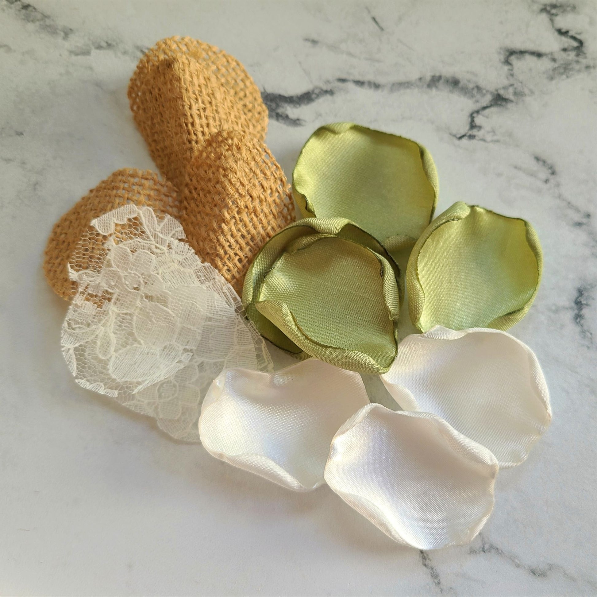 Sage green, ivory burlap and lace rose petals for a rustic wedding theme. Flower girl petals for tossing, confetti scatter, wedding aisle decor, sunflower wedding ideas