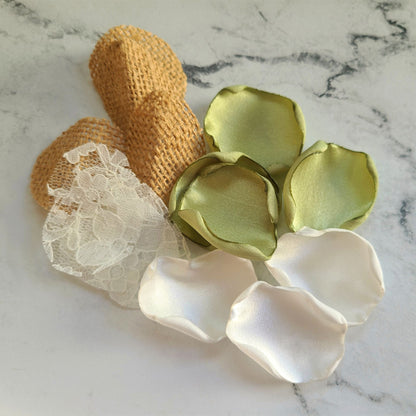 Sage green, ivory burlap and lace rose petals for a rustic wedding theme. Flower girl petals for tossing, confetti scatter, wedding aisle decor, sunflower wedding ideas
