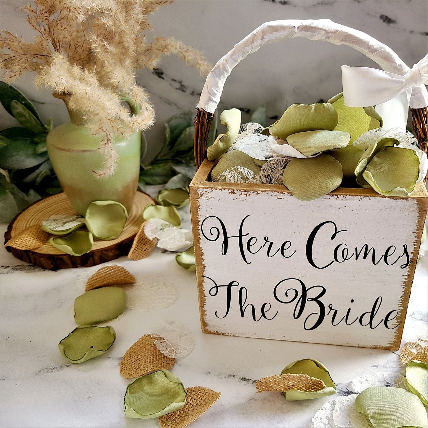 Sage green, ivory burlap and lace rose petals in a here comes the bride flower girl basket for a rustic wedding theme. Flower girl petals for tossing, confetti scatter, wedding aisle decor, sunflower wedding ideas
