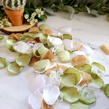 Sage green, white burlap and lace rose petals for a rustic wedding theme. Flower girl petals for tossing, confetti scatter, wedding aisle decor, sunflower wedding ideas