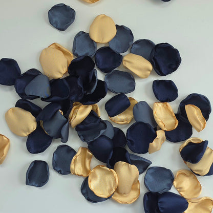 A mix of Gold, Navy, dusk stormy blue rose petals. Perfect for flower girl tossing,  wedding aisle decor, confetti, tablescapes accents, backdrop scatter. For future brides planning a celestial wedding or bridal shower event. 