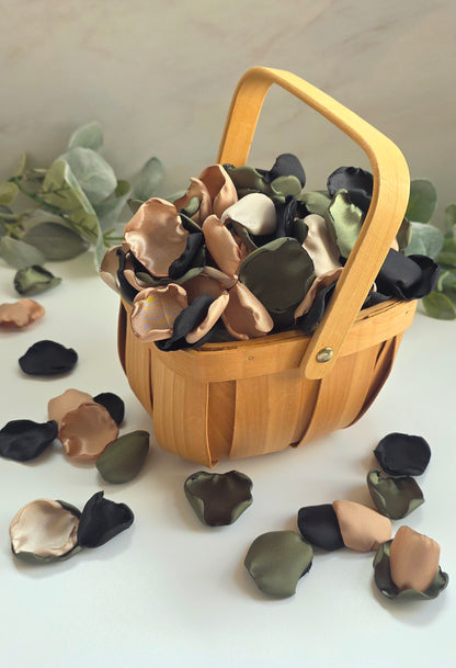 A mix of olive green, tan, beige and black rose petals in rustic flower girl basket. Perfect for flower girl tossing, flatlays, table scatter, confetti exit,wedding aisle decor.  For future brides planning a Camouflage wedding or hunting couples shower event.