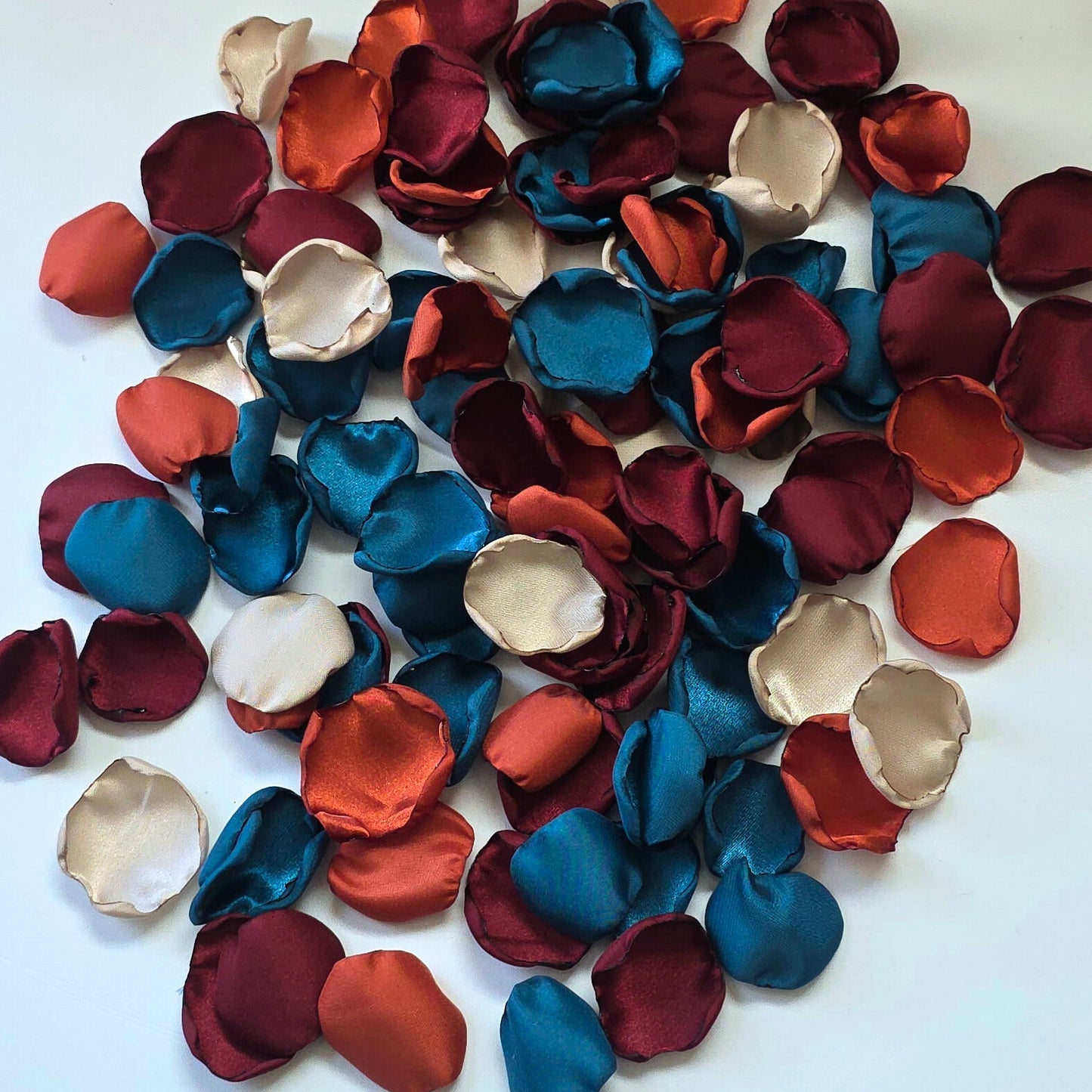 Teal, Burgundy, Burnt Orange & beige rose petals for flower girl toss, baskets, table scatter, flatlays or wedding aisle decor. Perfect for future brides planning a fall jewel toned wedding, or a She's tying the Knot bridal shower event. 
