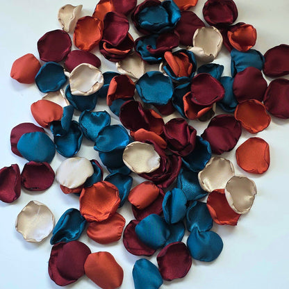 Teal, Burgundy, Burnt Orange & beige rose petals for flower girl toss, baskets, table scatter, flatlays or wedding aisle decor. Perfect for future brides planning a fall jewel toned wedding, or a She's tying the Knot bridal shower event. 