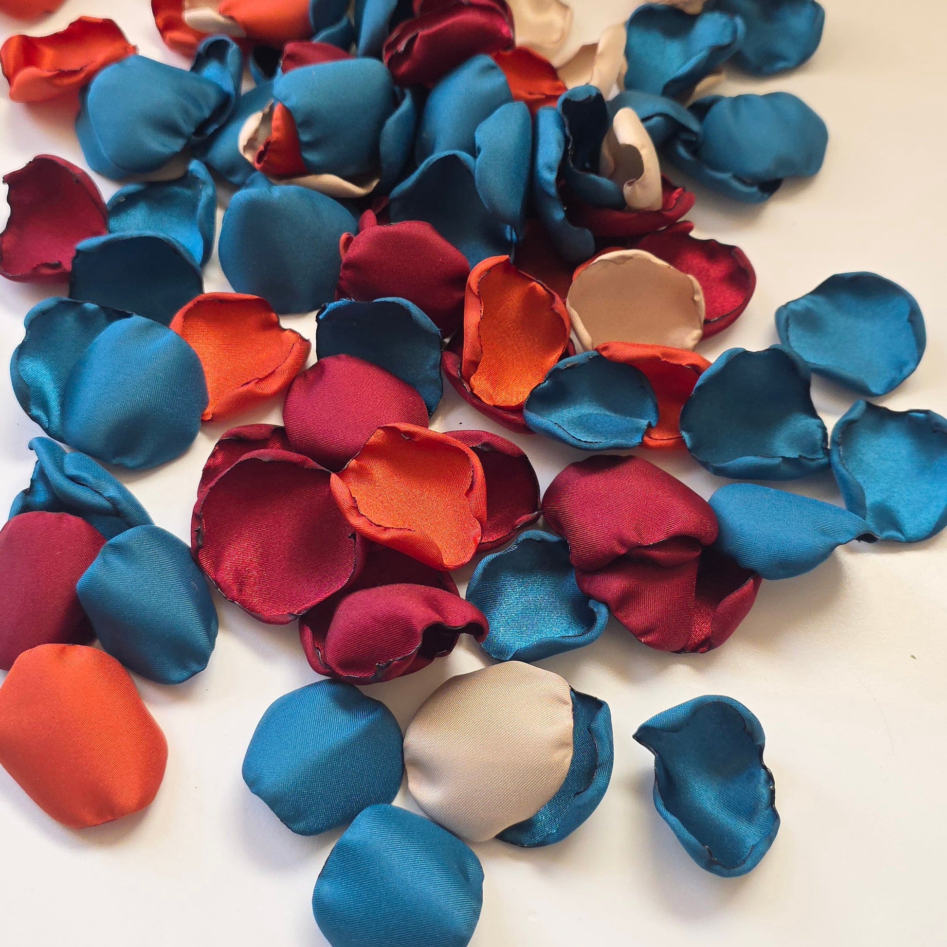 Teal, Burgundy, Burnt Orange & beige rose petals for flower girl toss, baskets, table scatter, flatlays or wedding aisle decor. Perfect for future brides planning a fall jewel toned wedding, or a She's tying the Knot bridal shower event. 