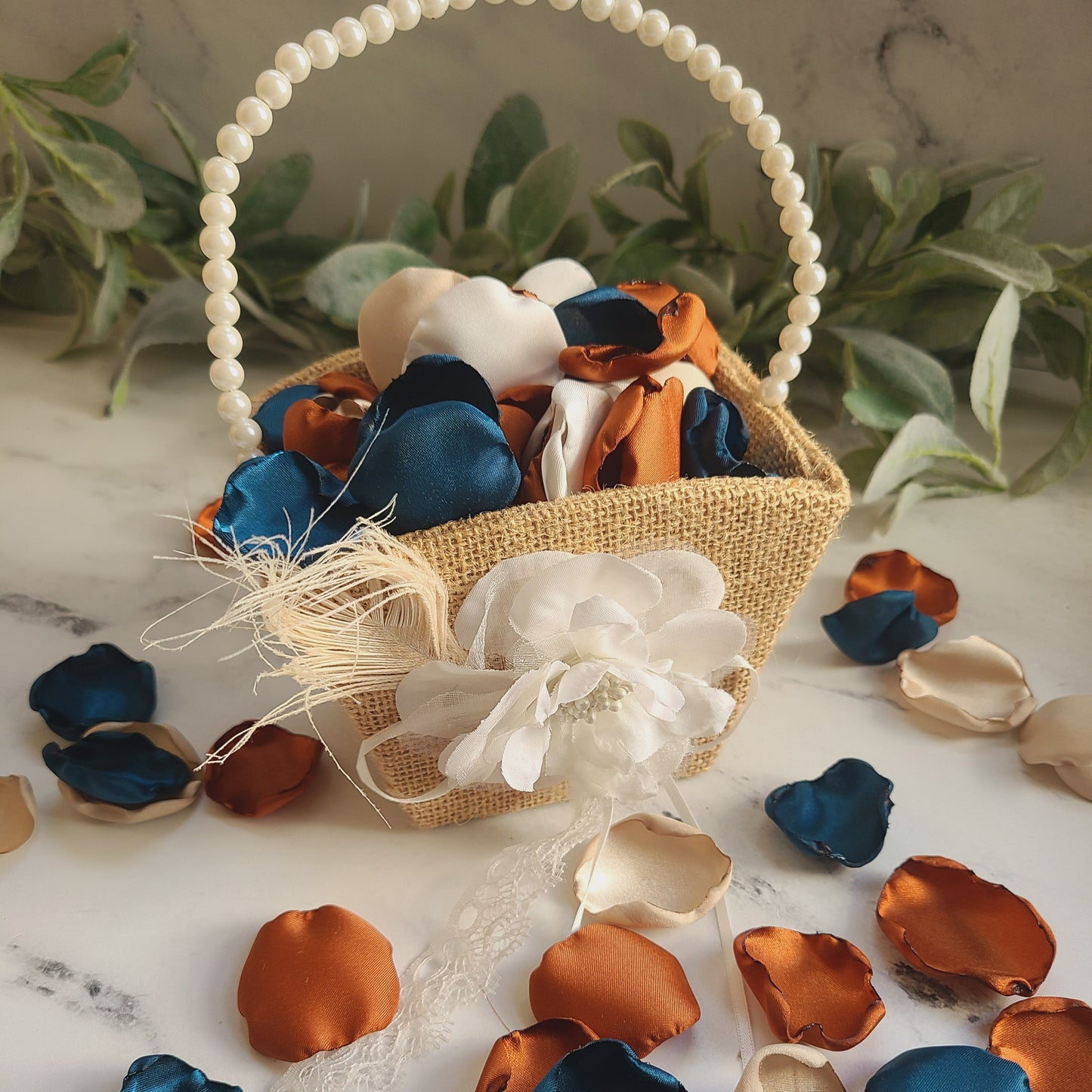 Teal, Ivory, Nude, Terracotta Rose Petals in a Boho Flower Girl Basket. 