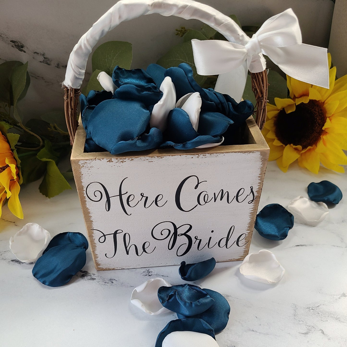 Here Comes the Bride flower girl basket filled with dark teal rose petals, boho fall wedding aisle decor, bridesmaid box, engagement backdrop props, 