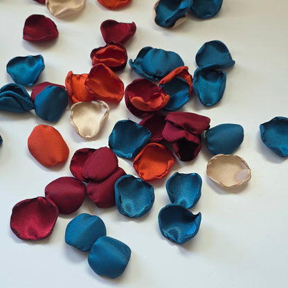 Teal, Burgundy, Burnt Orange & beige rose petals for flower girl toss, baskets, table scatter, flatlays or wedding aisle decor. Perfect for future brides planning a fall jewel toned wedding, or a She's tying the Knot bridal shower event. 