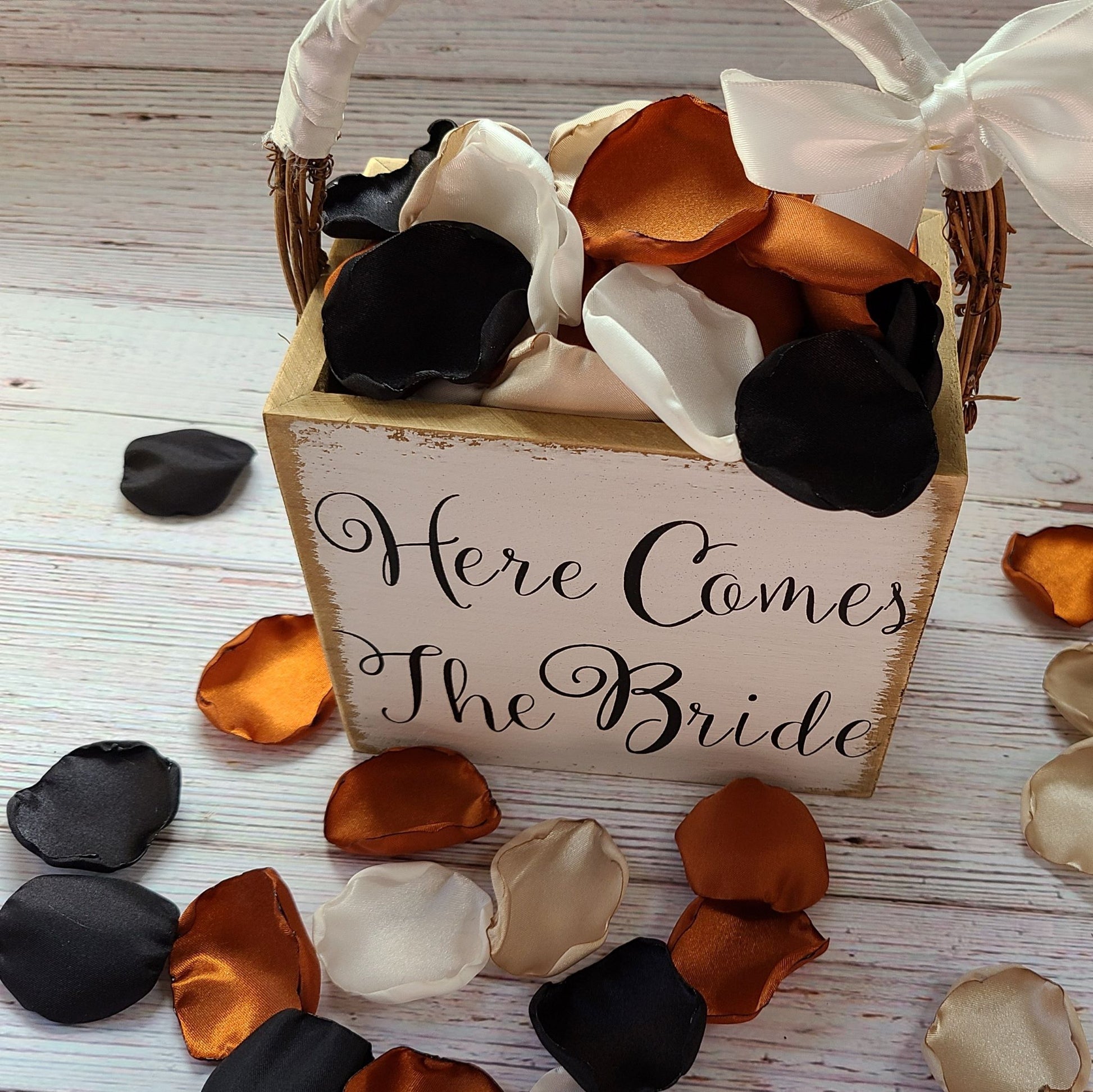 Terracotta, Black , Beige. Ivory rose petals in a Here Comes the Bride flower girl basket