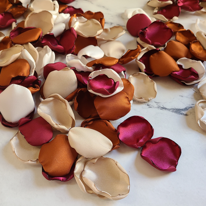 Burnt Orange, Burgundy, Beige and Ivory Rose Petals for Flower Girl Baskets, wedding decor, Burgundy, Terracotta, Beige rose petals for a Fall Wedding Theme. Flower petals for a flower girl to toss or put in a basket, Western wedding ideas, aisle decorations, marriage proposal props, table confetti