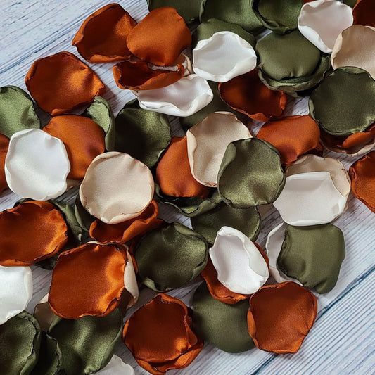 Olive green, terracotta, burnt orange, ivory and beige rose petals for flower girl basket. fall wedding aisle decor, alter backdrop, confetti scatter, proposal backdrop props