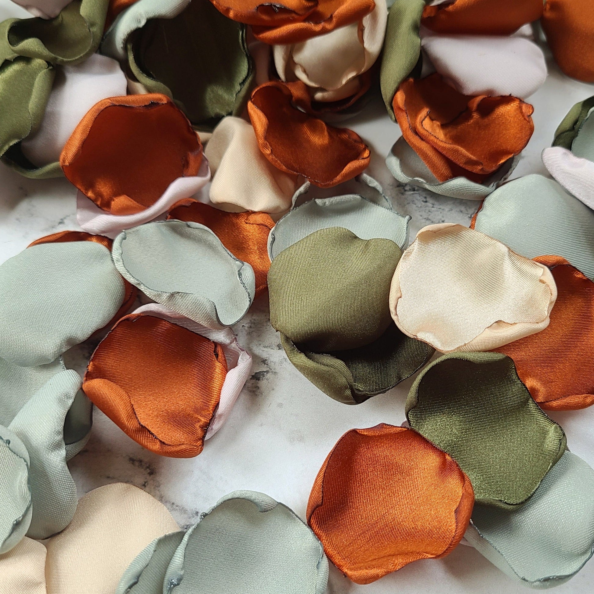 Sage. Olive, Beige, Burnt Orange Rose Petals for fall wedding decor, table confetti, flower girl petals for wedding aisle decor, western wedding table centerpiece ideas, engagement proposal props or filler for bridesmaid box
