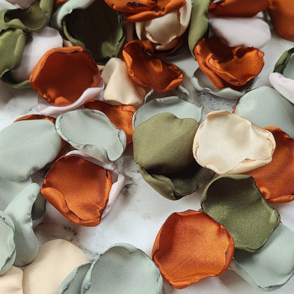 Sage. Olive, Beige, Burnt Orange Rose Petals for fall wedding decor, table confetti, flower girl petals for wedding aisle decor, western wedding table centerpiece ideas, engagement proposal props or filler for bridesmaid box