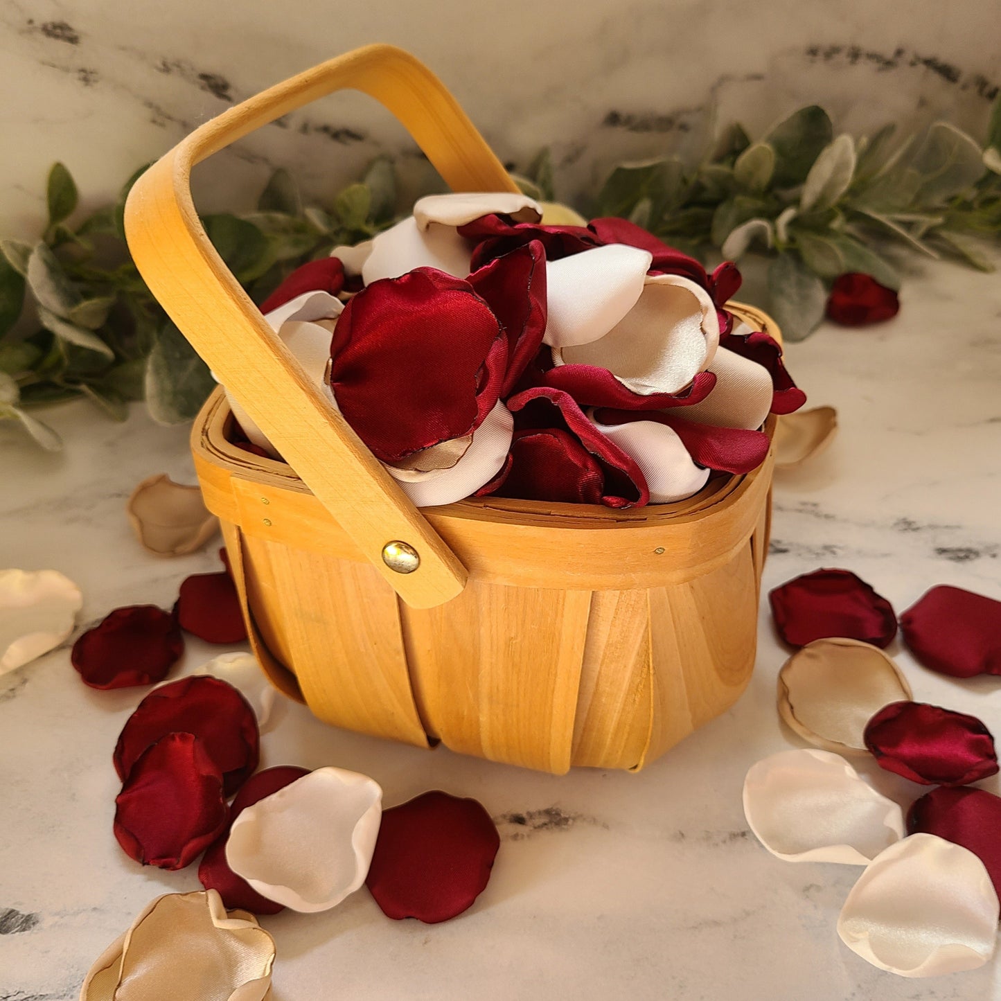 Burgundy, Ivory & Beige rose petals in a Rustic Boho flower girl basket, for fall wedding decor, boho wedding aisle decorations, bridesmaid box, engagement proposal props, wedding table centerpiece decor