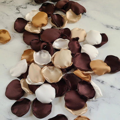 Western Wedding Ideas using espresso Brown, Tan and Ivory Rose Petals, flower Girl Basket, wedding aisle decor