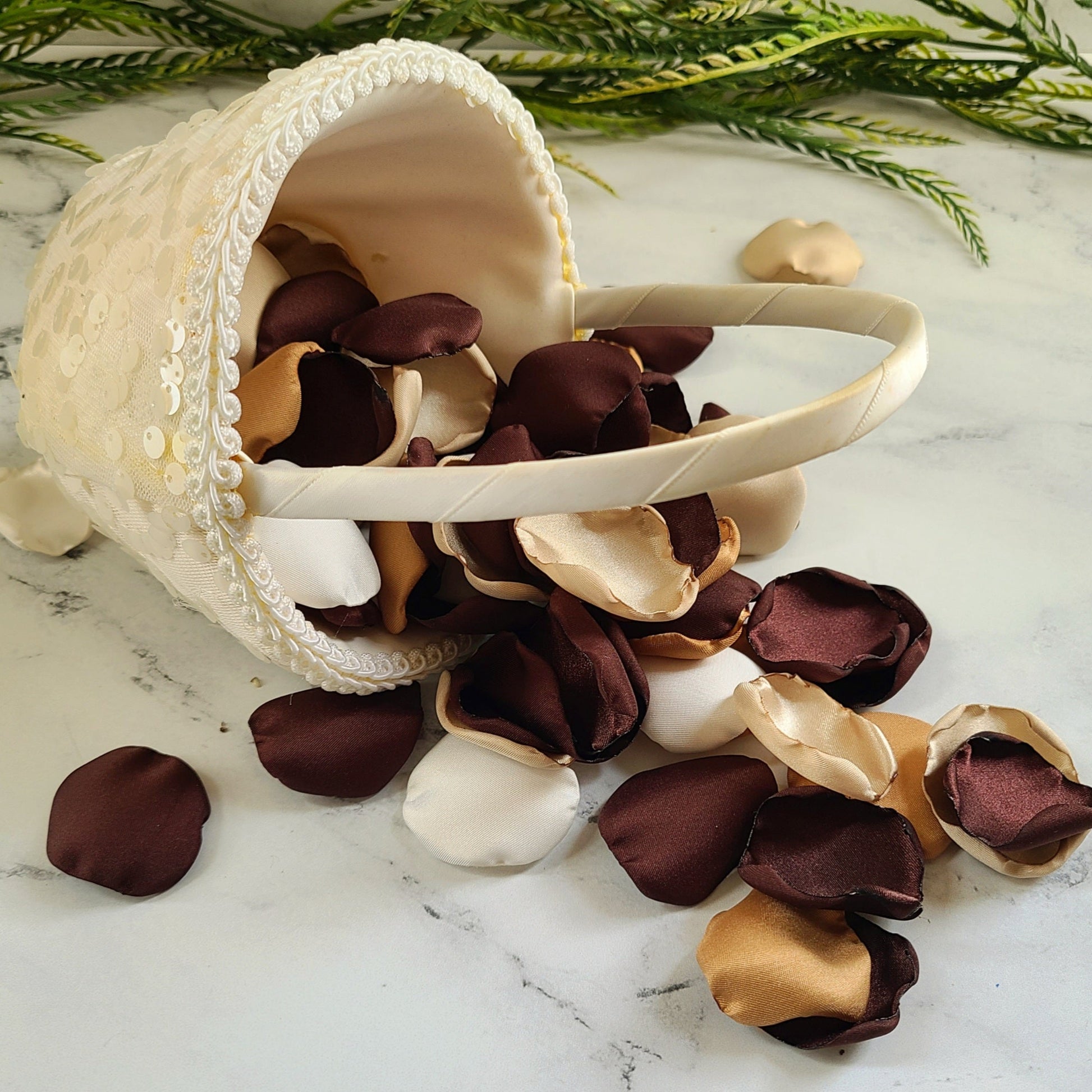 Western Wedding Ideas using espresso Brown, Tan and Ivory Rose Petals, Ivory flower girl basket, wedding aisle decor, bridesmaid proposal box