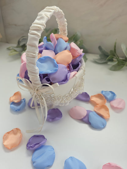 Sky Blue, Lavender, Peach and Pink Rose Petals for flower girl toss, confetti scatter, reception tablescapes, ceremony backdrop accents, Whimsical wedding color scheme decor ideas